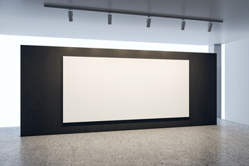 Modern concrete gallery interior with clean white mock up billboard on black wall. Art and display concept. 3D Rendering.