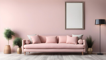 Simple interior design of a modern living room with a pastel pink fabric sofa and cushions and a blank poster frame.
