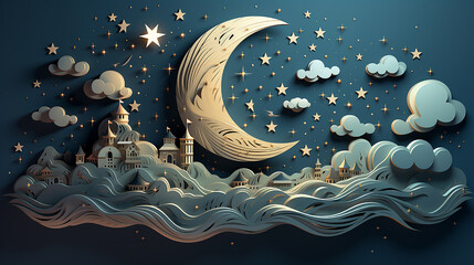Dream moon, golden stars and white clouds 3d style on blue background. 