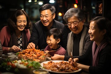 Chinese Family Reunion Dinner: A heartwarming scene of a family enjoying a special meal together....