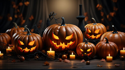 Fototapeta premium Happy Halloween Festive background with pumpkin with cut scary smile and dark moon light. 