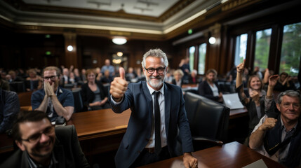 Senior lawyer show thumb up in court of justice law. WIn case. - obrazy, fototapety, plakaty