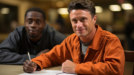 Two happy prisoners sign amnesty for good behavior in prison.