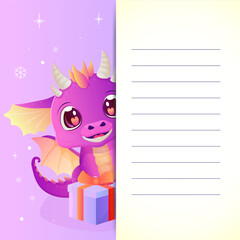 a card, an inscription, a happy new year letter. Cute dragon 2024