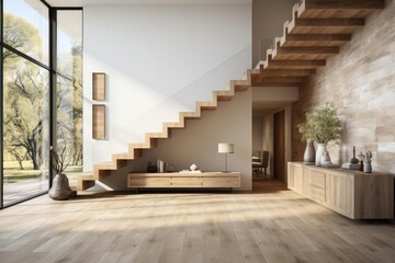 modern luxury scandinavian entrance hall with staircase and light natural materials