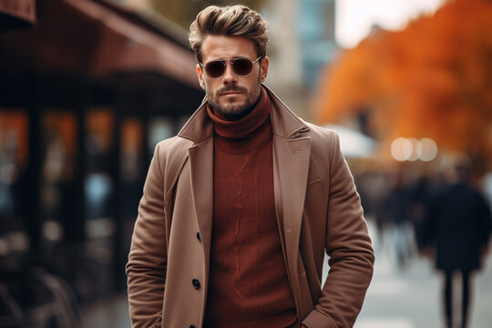 Men's autumn fashion. Handsome adult Caucasian male model wearing sunglasses, brown coat outdoors. Brutal man walking on a city street on an autumn day, lifestyle