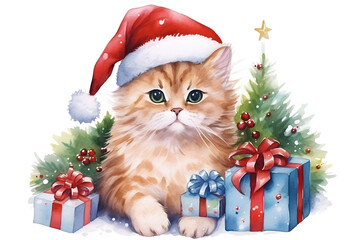 Cute cat with gifts with red hat, gift and christmas tree on white background for merry christmas celebration. Watercolor illustration background