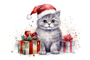 Cute cat with gifts with red hat, gift and christmas tree on white background for merry christmas celebration. Watercolor illustration background