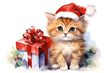 Cute cat with gifts with red hat, gift and christmas tree on white background for merry christmas celebration. Watercolor illustration background