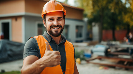 portrait of smiling engineer in helmet showing thumbs up gesture