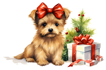 Cute dog with gifts with red hat, gift and christmas tree on white background for merry christmas celebration. Watercolor illustration background