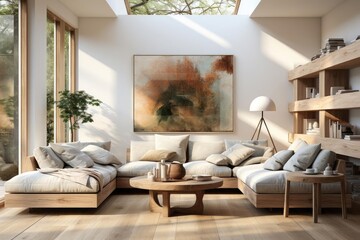 modern luxury scandinavian living room with light natural materials