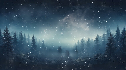 landscape night snowfall in a winter forest, panorama of a blurred background night in a blue coniferous forest swept by snow - obrazy, fototapety, plakaty