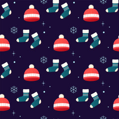 Seamless pattern clothing jumper, socks, hat, new year winter and Christmas
