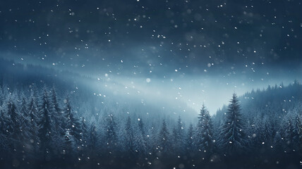 Fototapeta na wymiar landscape night snowfall in a winter forest, panorama of a blurred background night in a blue coniferous forest swept by snow