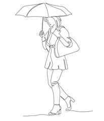 Woman holding umbrella on bad weather day. Raining. Single line drawing. Black and white vector illustration in line art style.
