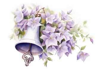 Watercolor bell with bouquet of bluebells. Hand drawn illustration