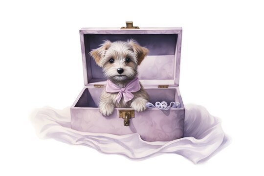 Cute puppy in a pink gift box. Watercolor illustration.