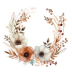 Watercolor floral wreath with anemone flowers, leaves and branches. Hand painted illustration isolated on white background
