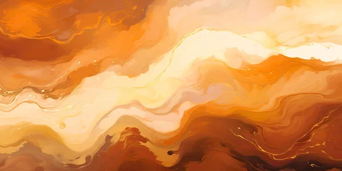  Dynamic marbled oil and acrylic abstract art. orange, yellow and cream blend fluidly, forming a captivating, marbled paper texture. Ideal for wallpapers, banners, and illustrations. © henjon