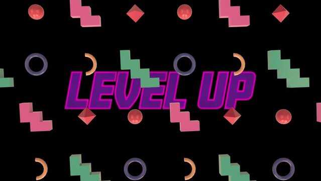Animation of level up text banner over abtract 3d shapes in seamless pattern on black background