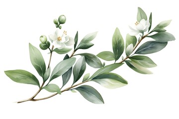 Watercolor jasmine branch with green leaves and flowers. Hand painted illustration on white background - obrazy, fototapety, plakaty