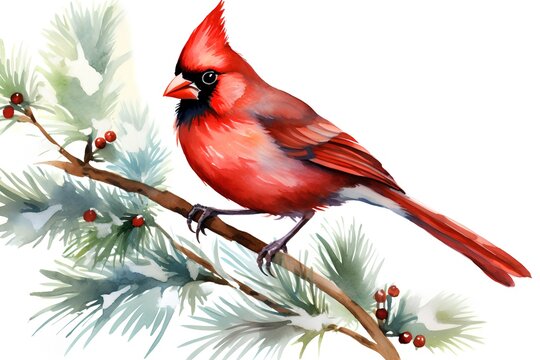 Beautiful vector image with nice watercolor cardinal bird on a branch
