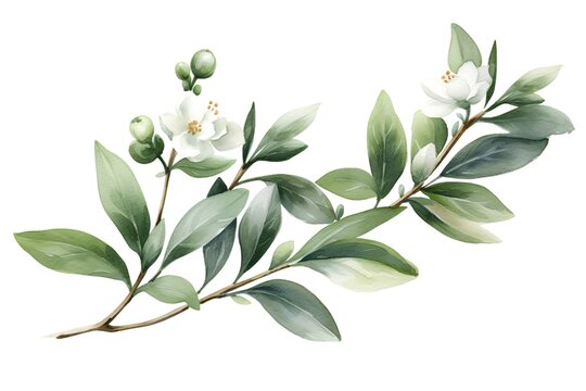 Watercolor jasmine branch with green leaves and flowers. Hand painted illustration on white background