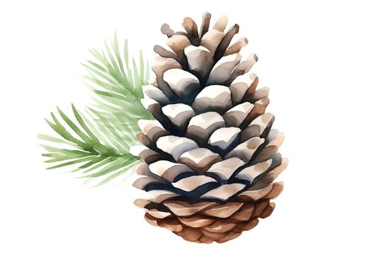 Watercolor pine cone with fir branch isolated on white background. Hand painted illustration