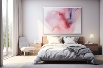 Minimalistic White Bed with Colorful Abstract Wall Decor