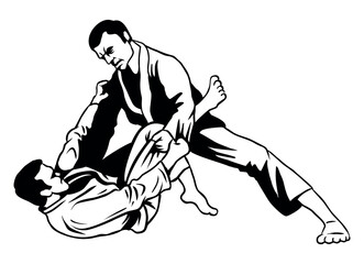 Line art illustration, two men training Jiu Jitsu. Isolated on white background.