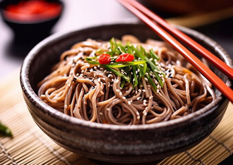 Buckwheat soba noodles with chopsticks on restaurant table.Macro.AI Generative - obrazy, fototapety, plakaty