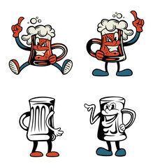 Set of cartoon style beer mugs characters. Isolated on white background.