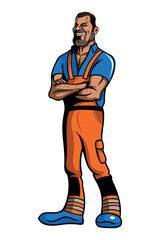 Cartoon style strong worker man in orange color overalls. Isolated on white background.