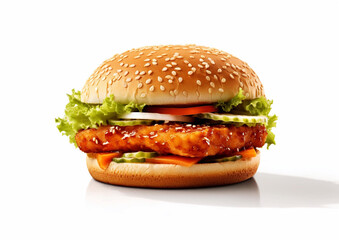 Chicken breaded fillet burger with lettuce,tomato,onion and sauce on white background.Macro.Ai Generative