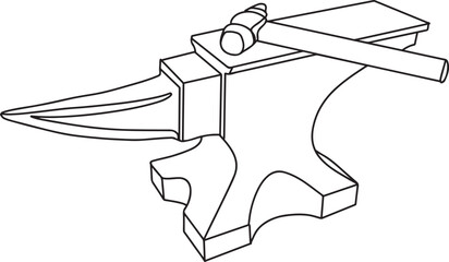 Metal Industry Logo: Anvil and Hammer Single Line Art, Artisanal Blacksmith Logo: Anvil and Hammer Sketch, Simplified Anvil and Hammer: One Line Logo Vector