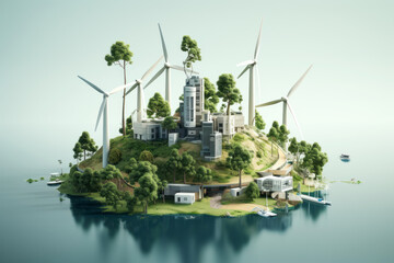 Eco island green transformation wind power farming for sustainability. Save planet concept