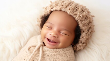 Fototapeta na wymiar Multicultural infant in neutral attire, smiling happily on a beige studio backdrop. Generative AI