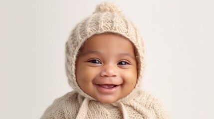 Portrait of a joyful baby in neutral clothes, grinning at the camera against a light beige studio background. Generative AI