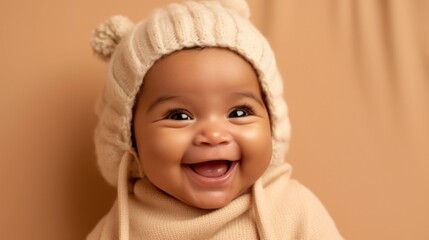 Smiling newborn in neutral attire photographed against a beige studio backdrop. Generative AI