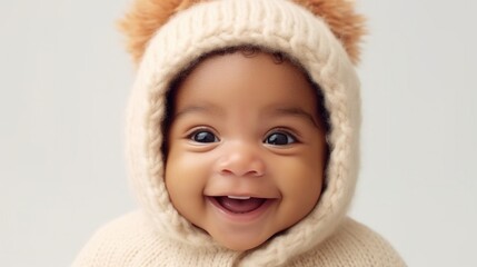 Joyful newborn baby in neutral clothing beams at the camera against a studio's beige backdrop. Generative AI