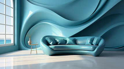 Canvas in the beige living room interior with a sideboard, an accent blue sofa. Minimalist concept. 3d rendering