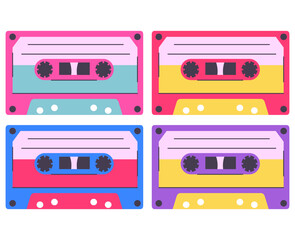 Cassette tape. Classic 80s 90s element.Cassette with retro vintage object for 80s.Stereo cassette. Retro audio tape with music record.Vector flat illustration.Isolated on white background.