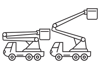 Bucket truck line icon.Bucket boom truck side view.Aerial platform.Crane truck with basket.Bucket boom truck.Picker high lift platform.Vector outline illustration.Isolated on white background. © dukesn