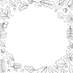 Hand drawn autumn leaves doodles circle shaped. Falling leaves.Line art autumn leaves maple, oak,acorn.Sketch, design elements. Tree leaves.Oak branch outline.Vector illustration.Round floral pattern.