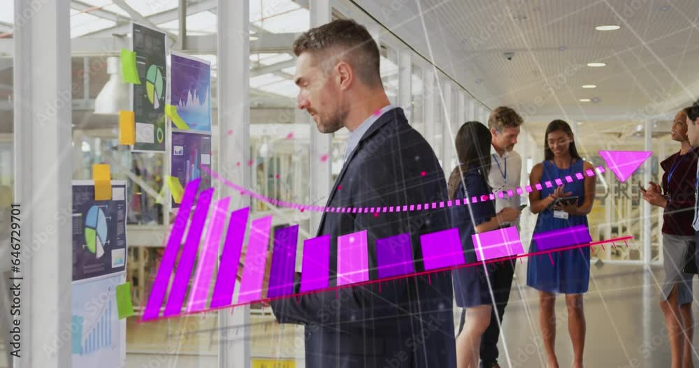 Poster animation of statistical data processing over caucasian businessman using smartphone at office
