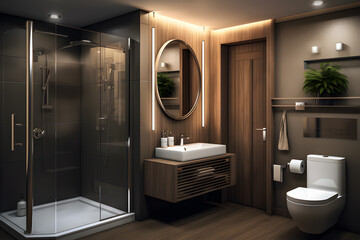 Modern contemporary loft style bathroom with tropical style nature view 3d render.