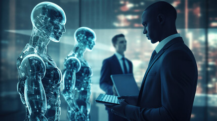 Biznesman wydający polecenie AI, praca przyszłości, nowoczesny biznes cyfrowy - Businessman giving command to AI, work of the future, modern digital business - AI Generated - obrazy, fototapety, plakaty
