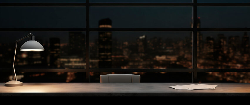 An empty mockup space on a black table in a modern dark office or home workspace at night
