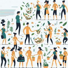 Sustainable lifestyle concept illustration. Collections of men and women characters recycling plastic garbage, eating vegetables and taking care of nature. Vector illustrations set.